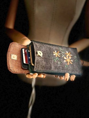 MEADOV Nakış İşlemeli Keten Telefon Çantası, Telefon Kılıfı Artv2