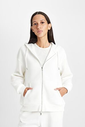 DeFacto Relax Fit Kapüşonlu Cepli Basic Düz Fermuarlı Sweatshirt C1809AX24WNER105
