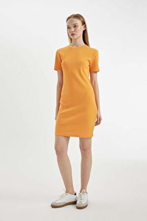 DeFacto Coool Bodycon Vücudu Saran Bisiklet Yaka Fitilli Kaşkorse Kısa Kollu Mini Elbise C1503AX24SPYL157