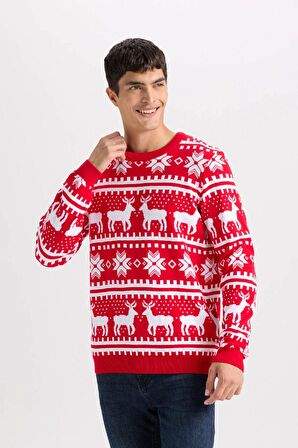 DeFacto Kırmızı Standart Fit Yılbaşı Temalı Bisiklet Yaka Triko Kazak B2356AX24WNRD292