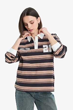 Coool Loose Fit Çizgili Polo Yaka Sweatshirt