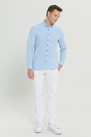 Erkek Açık Mavi Slim Fit Dar Kesim %100 Pamuk Armürlü Düğmeli Yaka Casual Gömlek