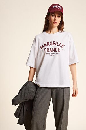 DeFacto Oversize Geniş Kalıp Bisiklet Yaka Baskılı Penye Kısa Kollu Tişört E2795AX25SPWT34