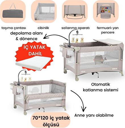 Gulz Beskar Anne Yanı Sallanır Cibinlikli Dönenceli Alt Açmalı Oyun Parkı Bebek Beşik 70X120 cm + YATAK Gri