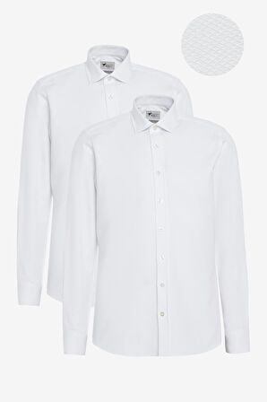 2'li Slim Fit Dar Kesim Pamuklu Klasik Yaka Armürlü Gömlek