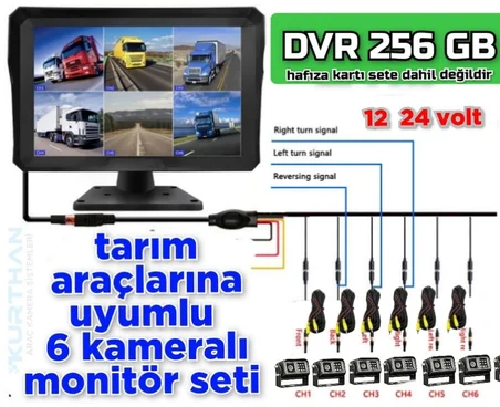6 ADET IR LEDLİ METAL KASA KAMERA QLED 10'' DVR MONİTÖR    12-24 V  256 GB