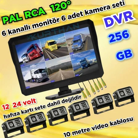 6 ADET IR LEDLİ METAL KASA KAMERA QLED 10'' DVR MONİTÖR    12-24 V  256 GB