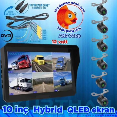LEDSİZ 6 ADET AHD 720P BALIK GÖZÜ KELEBEK KAMERA  6 KANALLI  10'' HYBRİD DVR MONİTÖR  12 V  256 GB