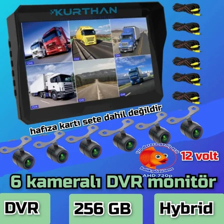 LEDSİZ 6 ADET AHD 720P BALIK GÖZÜ KELEBEK KAMERA  6 KANALLI  10'' HYBRİD DVR MONİTÖR  12 V  256 GB