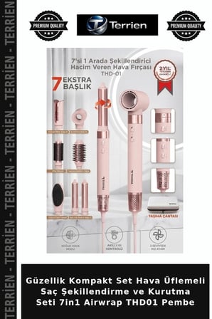 Güzellik Kompakt Set Hava Üflemeli Saç Şekillendirme ve Kurutma Seti 7in1 Airwrap THD01 Pembe