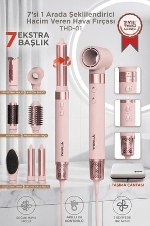 Güzellik Kompakt Set Hava Üflemeli Saç Şekillendirme ve Kurutma Seti 7in1 Airwrap THD01 Pembe