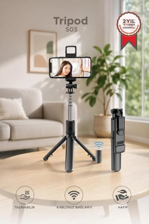 Telefon Aleti Kayıt Aksesuarı Tripod Çok Amaçlı Kumandalı Kablosuz Selfie Çubuğu S03 Siyah