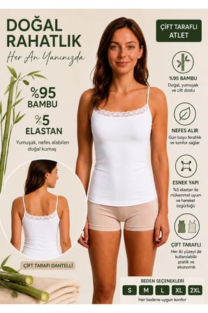 Kadın Çift Taraflı Dantelli İp Askılı Atlet %95 Bambu %5 Elastan Yumuşak Esnek İç Giyim S-2XL