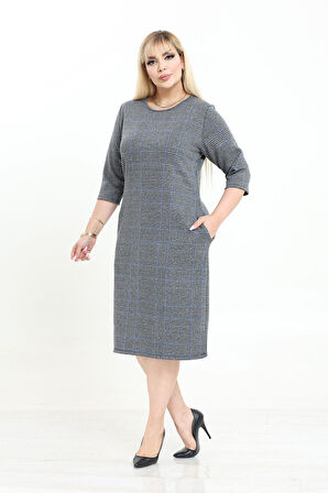 Çift Cepli Desenli Esnek Kışlık Büyük Beden Midi Elbise 6C-2736