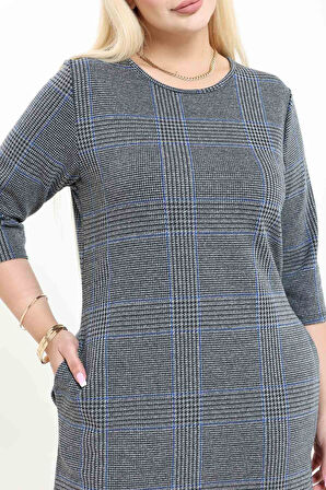 Çift Cepli Desenli Esnek Kışlık Büyük Beden Midi Elbise 6C-2736