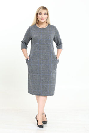 Çift Cepli Desenli Esnek Kışlık Büyük Beden Midi Elbise 6C-2736