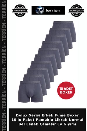 Delux Serisi Erkek Füme Boxer 10'lu Paket Pamuklu Likralı Normal Bel Esnek Çamaşır Ev Giyimi