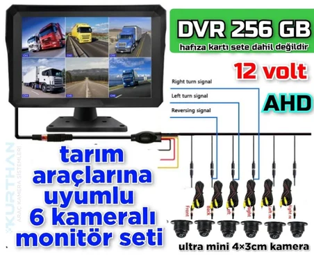 6 KANALLI DVR MONİTÖR VE 6 ADET 1080 P AHD 150'' ULTRA MİNİ KAMERA SETİ  12 V  256 GB
