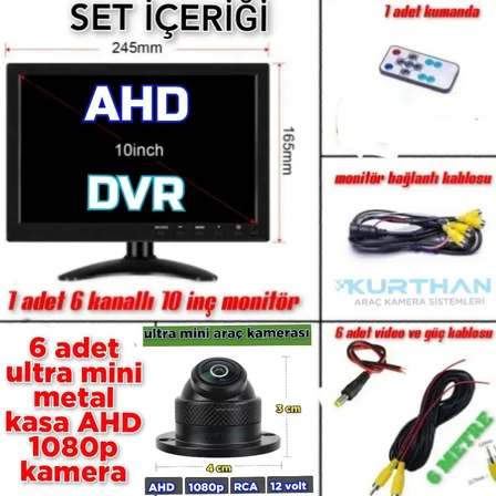6 KANALLI DVR MONİTÖR VE 6 ADET 1080 P AHD 150'' ULTRA MİNİ KAMERA SETİ  12 V  256 GB