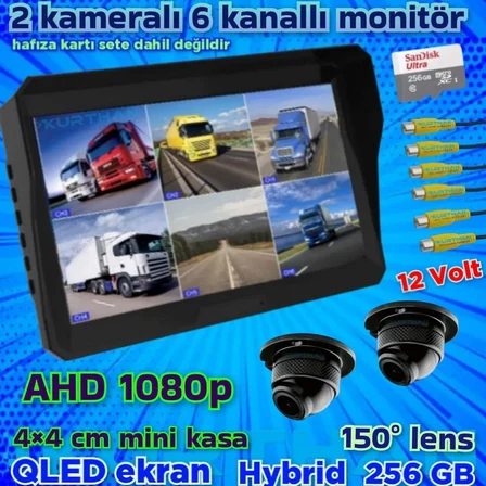 2 ADET 1080 P AHD 150'' ULTRA MİNİ KAMERA 6 KANALLI MONİTÖR 12 V 256 GB