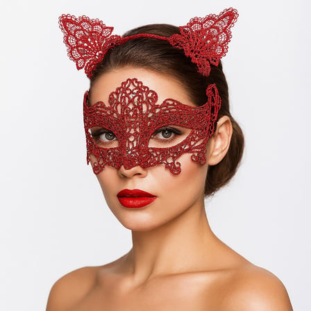Romantik Kırmızı Dantel Maske Seti – Kedi Kulaklı Taç ve Maske 3 No (5671) gotlthmngoxx