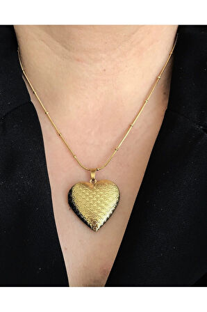 İçi Açılır Kapaklı Fotoğraflık Desenli Kalp Paslanmaz Çelik Kolye