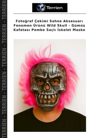 Fotoğraf Çekimi Sahne Aksesuarı Fenomen Ürünü Wild Skull - Gümüş Kafatası Pembe Saçlı İskelet Maske
