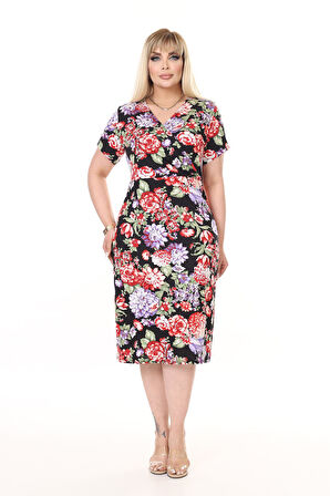 Kruvaze Yaka Yazlık Büyük Beden Elbise 6F-2647