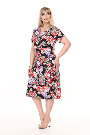 Kruvaze Yaka Yazlık Büyük Beden Elbise 6F-2647