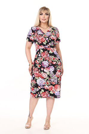 Kruvaze Yaka Yazlık Büyük Beden Elbise 6F-2647