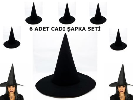 Özel Üretim Siyah Cadı Şapkası Keçe Yetişkin Boy 6 Adet Kutlama Öğesi Dekoratif Ürün