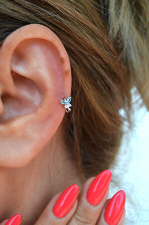 Turkuaz Taşlı Kelebek Tragus Piercing – 5 mm Halka, Gümüş Renk