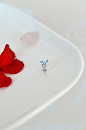 Turkuaz Taşlı Kelebek Tragus Piercing – 5 mm Halka, Gümüş Renk