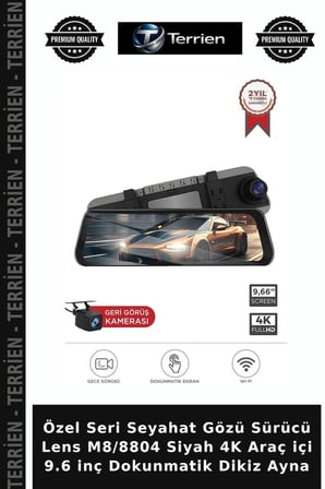 Özel Seri Seyahat Gözü Sürücü Lens M8/8804 Siyah 4K Araç içi 9.6 inç Dokunmatik Dikiz Ayna