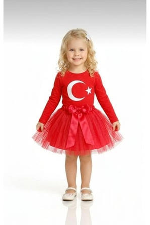 Kız Çocuk 23 Nisan 29 Ekim Gösteri Kıyafeti Kırmızı UzunKol Ayyıldız T-shirt KırmızıTütü Etek Takım