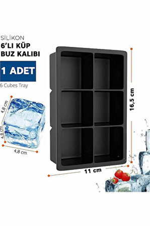 Büyük Boy 6 Bölmeli Silikon Buz Kalıbı - 6'lı Gri Silikon Kare Buzluk
