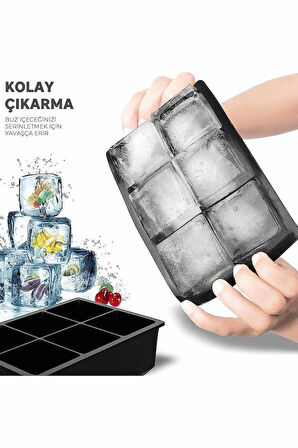Büyük Boy 6 Bölmeli Silikon Buz Kalıbı - 6'lı Gri Silikon Kare Buzluk
