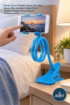 3 Adet Akrobat Telefon Tutucu – Döner Oynar Başlıklı Spiral Kol, Mavi Renk, Eller Serbest Hands-Free Telefon Holder Phone Mount