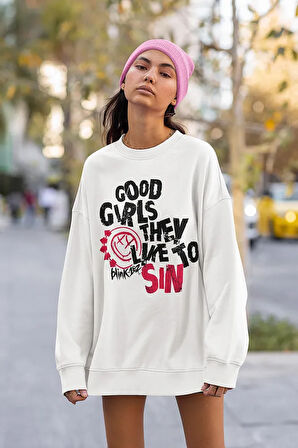 Good Girls They Like To Sın Yazılı Unisex Oversize Blink-182 Sweatshirt