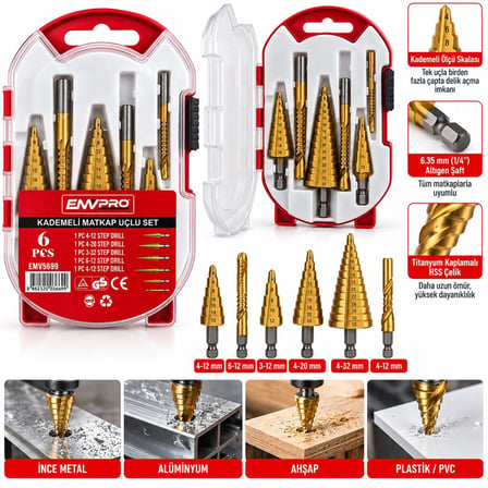 6pcs Matkap Uçlu Kademeli Set 4-12mm - 4-20mm - 4-32mm - 3mm - 6mm - 8mm Bx40