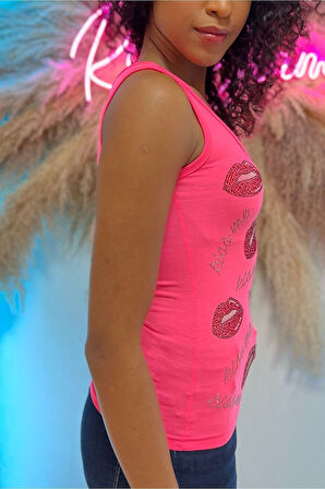 Dar Kesim / Slim Fit Crystal Taş Dudak Baskılı Pamuk Kolsuz Kadın Atlet