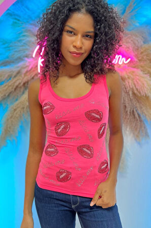 Dar Kesim / Slim Fit Crystal Taş Dudak Baskılı Pamuk Kolsuz Kadın Atlet