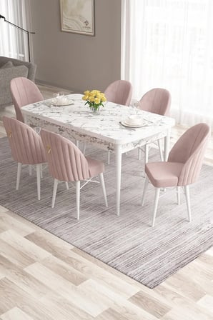 Roz Serisi 80x132 Açılabilir Mdf Siyah Mermer Desen Masa Takımı Ve 6 Lacivert Sandalye