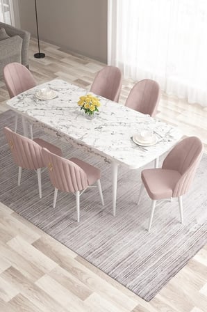 Roz Serisi 80x132 Açılabilir Mdf Siyah Mermer Desen Masa Takımı Ve 6 Lacivert Sandalye