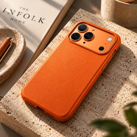 IPhone 17/18 Pro Max Uyumlu Turuncu Vegan Deri Kılıf, İnce ve Hafif