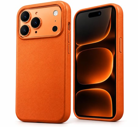 IPhone 17/18 Pro Max Uyumlu Turuncu Vegan Deri Kılıf, İnce ve Hafif