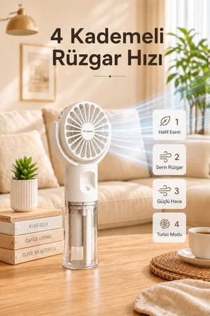 Premium Kamp Pratik Taşınabilir Vantilatör Şarjlı Su Buharlı Mini Masa Fan F13 Beyaz