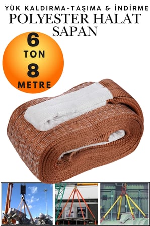 6 Ton 8 Metre Kahve Polyester Sapan - Yüksek Mukavemetli Yük Kaldırma ve Taşıma Spanzeti - Endüstriyel Sınıf, Güvenli Bağlama ve Sabitleme Halatı Ağır Yük Taşıma, İndirme ,Sabitleme Halatı