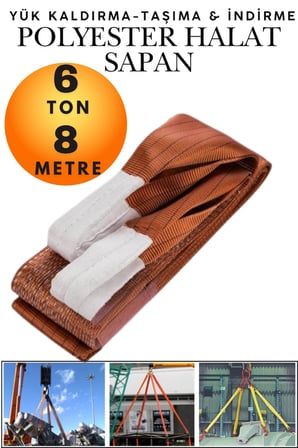6 Ton 8 Metre Kahve Polyester Sapan - Yüksek Mukavemetli Yük Kaldırma ve Taşıma Spanzeti - Endüstriyel Sınıf, Güvenli Bağlama ve Sabitleme Halatı Ağır Yük Taşıma, İndirme ,Sabitleme Halatı