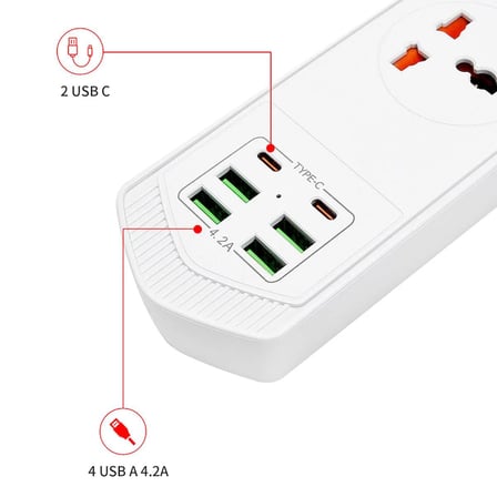 QASUL 6 Usb'li 4'lü Çoklu Priz 2 M Kablolu Akım Korumalı Anahtarlı Uzatma Grup Priz 3000W 2 typec
